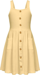 Girl'S Spaghetti Strap Button down Midi Sleeveless Summer Casual Sundress A-Line Dress with Pockets